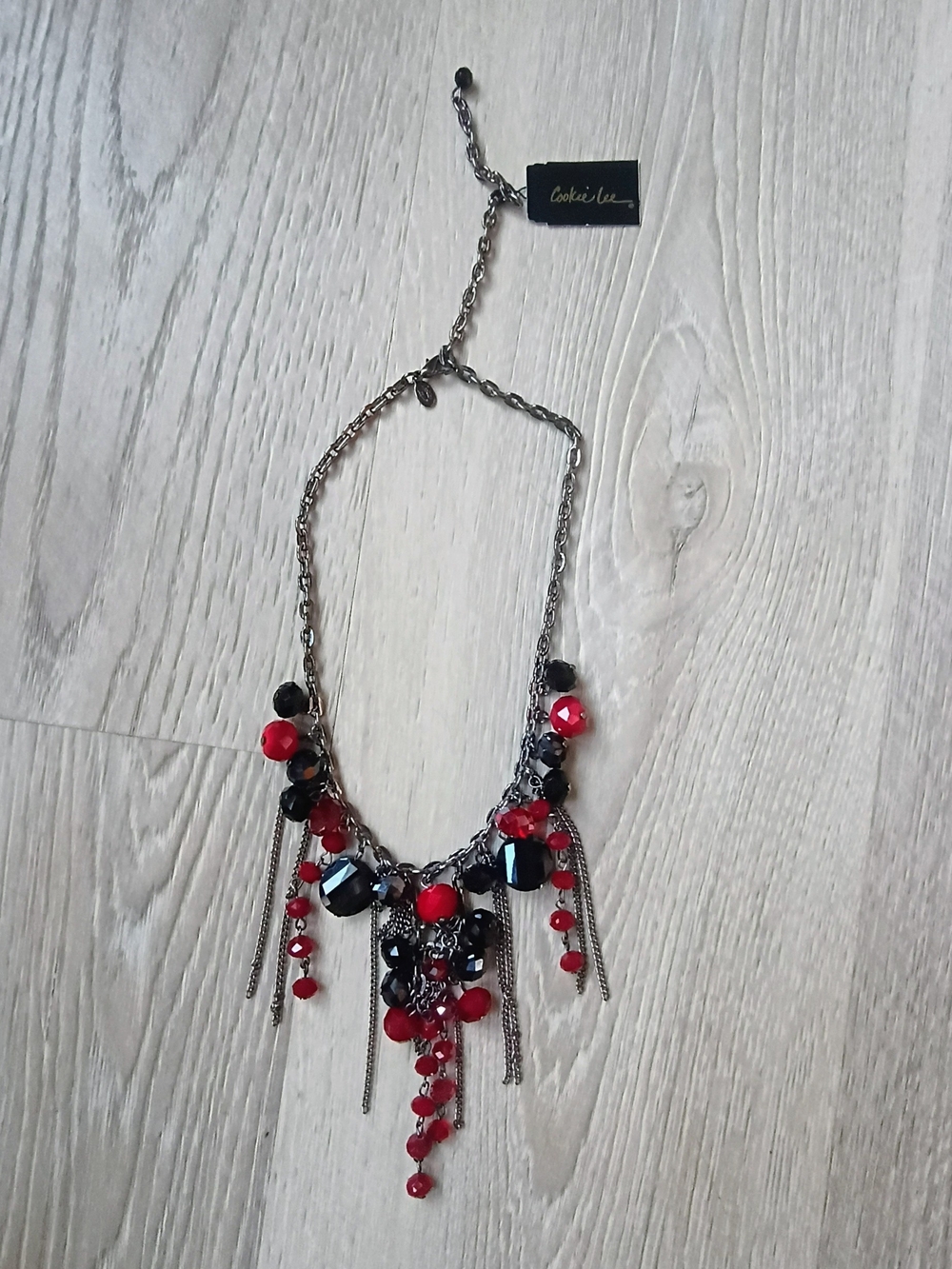 ❤️ Cookie Lee Genuine Crystal Necklace Red Black Statement Bib Chain Fringe NWT